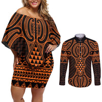 Karaka Maori Ta Moko Poutama Art Couples Matching Off Shoulder Short Dress and Long Sleeve Button Shirt