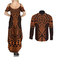 Karaka Maori Ta Moko Poutama Art Couples Matching Summer Maxi Dress and Long Sleeve Button Shirt