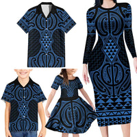 Kikorangi Maori Ta Moko Poutama Art Family Matching Long Sleeve Bodycon Dress and Hawaiian Shirt