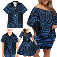 Kikorangi Maori Ta Moko Poutama Art Family Matching Off Shoulder Short Dress and Hawaiian Shirt