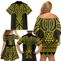 Mahi-dawg Maori Ta Moko Poutama Art Family Matching Off Shoulder Short Dress and Hawaiian Shirt
