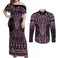 Mawhero Maori Ta Moko Poutama Art Couples Matching Off Shoulder Maxi Dress and Long Sleeve Button Shirt
