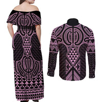 Mawhero Maori Ta Moko Poutama Art Couples Matching Off Shoulder Maxi Dress and Long Sleeve Button Shirt