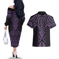 Waiporoporo Maori Ta Moko Poutama Art Couples Matching Off The Shoulder Long Sleeve Dress and Hawaiian Shirt