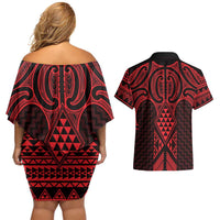 Whero Maori Ta Moko Poutama Art Couples Matching Off Shoulder Short Dress and Hawaiian Shirt