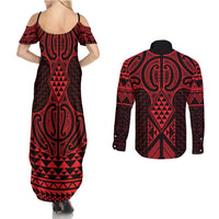 Whero Maori Ta Moko Poutama Art Couples Matching Summer Maxi Dress and Long Sleeve Button Shirt