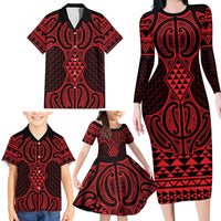 Whero Maori Ta Moko Poutama Art Family Matching Long Sleeve Bodycon Dress and Hawaiian Shirt