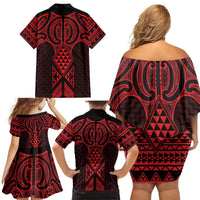 Whero Maori Ta Moko Poutama Art Family Matching Off Shoulder Short Dress and Hawaiian Shirt