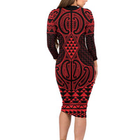 Whero Maori Ta Moko Poutama Art Long Sleeve Bodycon Dress