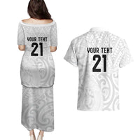 New Zealand Rangatira Custom Couples Matching Puletasi and Hawaiian Shirt All White Niho Taniwha Maori Tribal