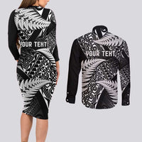 New Zealand Rugby Pacific Personalised Couples Matching Long Sleeve Bodycon Dress and Long Sleeve Button Shirt All Black Maori Pasifika Fern Pattern