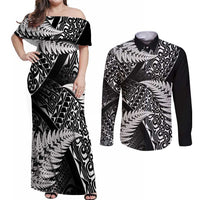 New Zealand Rugby Pacific Personalised Couples Matching Off Shoulder Maxi Dress and Long Sleeve Button Shirt All Black Maori Pasifika Fern Pattern