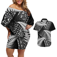 New Zealand Rugby Pacific Personalised Couples Matching Off Shoulder Short Dress and Hawaiian Shirt All Black Maori Pasifika Fern Pattern