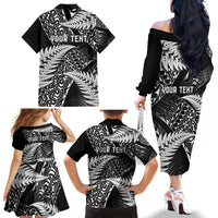New Zealand Rugby Pacific Personalised Family Matching Off The Shoulder Long Sleeve Dress and Hawaiian Shirt All Black Maori Pasifika Fern Pattern