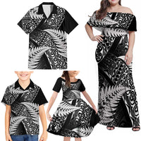 New Zealand Rugby Pacific Personalised Family Matching Off Shoulder Maxi Dress and Hawaiian Shirt All Black Maori Pasifika Fern Pattern