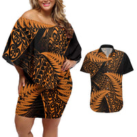 New Zealand Rugby Pacific Personalised Couples Matching Off Shoulder Short Dress and Hawaiian Shirt All Gold Maori Pasifika Fern Pattern