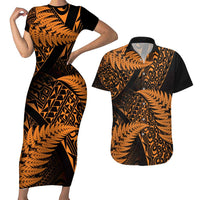 New Zealand Rugby Pacific Personalised Couples Matching Short Sleeve Bodycon Dress and Hawaiian Shirt All Gold Maori Pasifika Fern Pattern