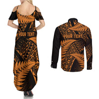 New Zealand Rugby Pacific Personalised Couples Matching Summer Maxi Dress and Long Sleeve Button Shirt All Gold Maori Pasifika Fern Pattern
