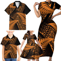 New Zealand Rugby Pacific Personalised Family Matching Short Sleeve Bodycon Dress and Hawaiian Shirt All Gold Maori Pasifika Fern Pattern