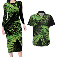 New Zealand Rugby Pacific Personalised Couples Matching Long Sleeve Bodycon Dress and Hawaiian Shirt All Lime Maori Pasifika Fern Pattern