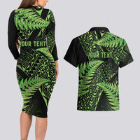 New Zealand Rugby Pacific Personalised Couples Matching Long Sleeve Bodycon Dress and Hawaiian Shirt All Lime Maori Pasifika Fern Pattern
