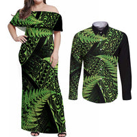 New Zealand Rugby Pacific Personalised Couples Matching Off Shoulder Maxi Dress and Long Sleeve Button Shirt All Lime Maori Pasifika Fern Pattern