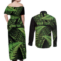 New Zealand Rugby Pacific Personalised Couples Matching Off Shoulder Maxi Dress and Long Sleeve Button Shirt All Lime Maori Pasifika Fern Pattern