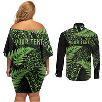 New Zealand Rugby Pacific Personalised Couples Matching Off Shoulder Short Dress and Long Sleeve Button Shirt All Lime Maori Pasifika Fern Pattern