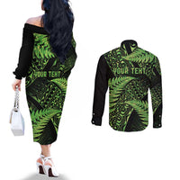 New Zealand Rugby Pacific Personalised Couples Matching Off The Shoulder Long Sleeve Dress and Long Sleeve Button Shirt All Lime Maori Pasifika Fern Pattern