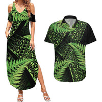 New Zealand Rugby Pacific Personalised Couples Matching Summer Maxi Dress and Hawaiian Shirt All Lime Maori Pasifika Fern Pattern