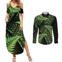 New Zealand Rugby Pacific Personalised Couples Matching Summer Maxi Dress and Long Sleeve Button Shirt All Lime Maori Pasifika Fern Pattern