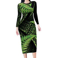 New Zealand Rugby Pacific Personalised Family Matching Long Sleeve Bodycon Dress and Hawaiian Shirt All Lime Maori Pasifika Fern Pattern