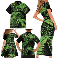 New Zealand Rugby Pacific Personalised Family Matching Short Sleeve Bodycon Dress and Hawaiian Shirt All Lime Maori Pasifika Fern Pattern