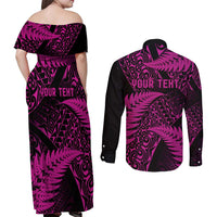 New Zealand Rugby Pacific Personalised Couples Matching Off Shoulder Maxi Dress and Long Sleeve Button Shirt All Pink Maori Pasifika Fern Pattern