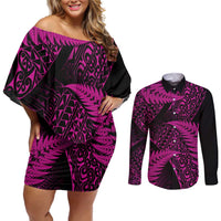 New Zealand Rugby Pacific Personalised Couples Matching Off Shoulder Short Dress and Long Sleeve Button Shirt All Pink Maori Pasifika Fern Pattern