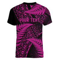 New Zealand Rugby Pacific Personalised Women V-Neck T-Shirt All Pink Maori Pasifika Fern Pattern