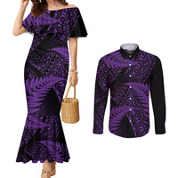 New Zealand Rugby Pacific Personalised Couples Matching Mermaid Dress and Long Sleeve Button Shirt All Purple Maori Pasifika Fern Pattern