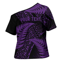 New Zealand Rugby Pacific Personalised Cross Shoulder Shirt All Purple Maori Pasifika Fern Pattern - Polynesian Pride