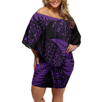 New Zealand Rugby Pacific Personalised Family Matching Off Shoulder Short Dress and Hawaiian Shirt All Purple Maori Pasifika Fern Pattern