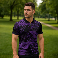 New Zealand Rugby Pacific Personalised Zipper Polo Shirt All Purple Maori Pasifika Fern Pattern - Polynesian Pride