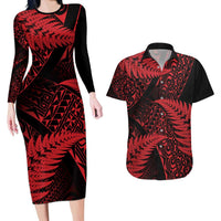 New Zealand Rugby Pacific Personalised Couples Matching Long Sleeve Bodycon Dress and Hawaiian Shirt All Red Maori Pasifika Fern Pattern