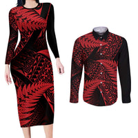 New Zealand Rugby Pacific Personalised Couples Matching Long Sleeve Bodycon Dress and Long Sleeve Button Shirt All Red Maori Pasifika Fern Pattern