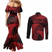 New Zealand Rugby Pacific Personalised Couples Matching Mermaid Dress and Long Sleeve Button Shirt All Red Maori Pasifika Fern Pattern