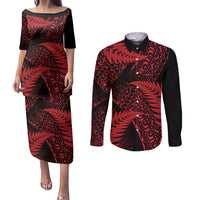 New Zealand Rugby Pacific Personalised Couples Matching Puletasi and Long Sleeve Button Shirt All Red Maori Pasifika Fern Pattern