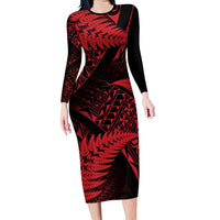 New Zealand Rugby Pacific Personalised Family Matching Long Sleeve Bodycon Dress and Hawaiian Shirt All Red Maori Pasifika Fern Pattern
