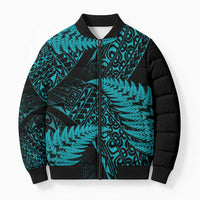 New Zealand Rugby Pacific Personalised Bomber Puffer Jacket All Turquoise Maori Pasifika Fern Pattern - Polynesian Pride