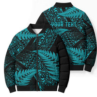 New Zealand Rugby Pacific Personalised Bomber Puffer Jacket All Turquoise Maori Pasifika Fern Pattern - Polynesian Pride