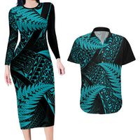 New Zealand Rugby Pacific Personalised Couples Matching Long Sleeve Bodycon Dress and Hawaiian Shirt All Turquoise Maori Pasifika Fern Pattern