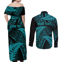 New Zealand Rugby Pacific Personalised Couples Matching Off Shoulder Maxi Dress and Long Sleeve Button Shirt All Turquoise Maori Pasifika Fern Pattern