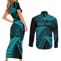 New Zealand Rugby Pacific Personalised Couples Matching Short Sleeve Bodycon Dress and Long Sleeve Button Shirt All Turquoise Maori Pasifika Fern Pattern